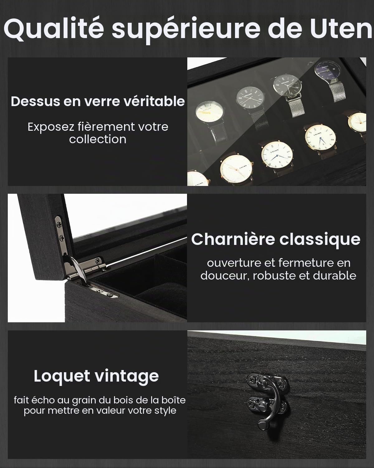 Uten Boîte à Montres 10 Compartiments, Coffret à montres en Bois, Couvercle en Verre, Coffret de Rangement pour Montres pour Hommes et Femmes, Coussinets Coton de Soie, Doublure Noire, Idée Cadeau