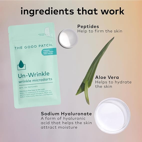 The Good Patch Un-Wrinkle Microdart Anti Wrinkle Patches for Crows Feet and Between Eyes, Made with Sodium Hyaluronate, Aloe Vera, Peptides, Clinically Proven (16 Total Microdart Patches)