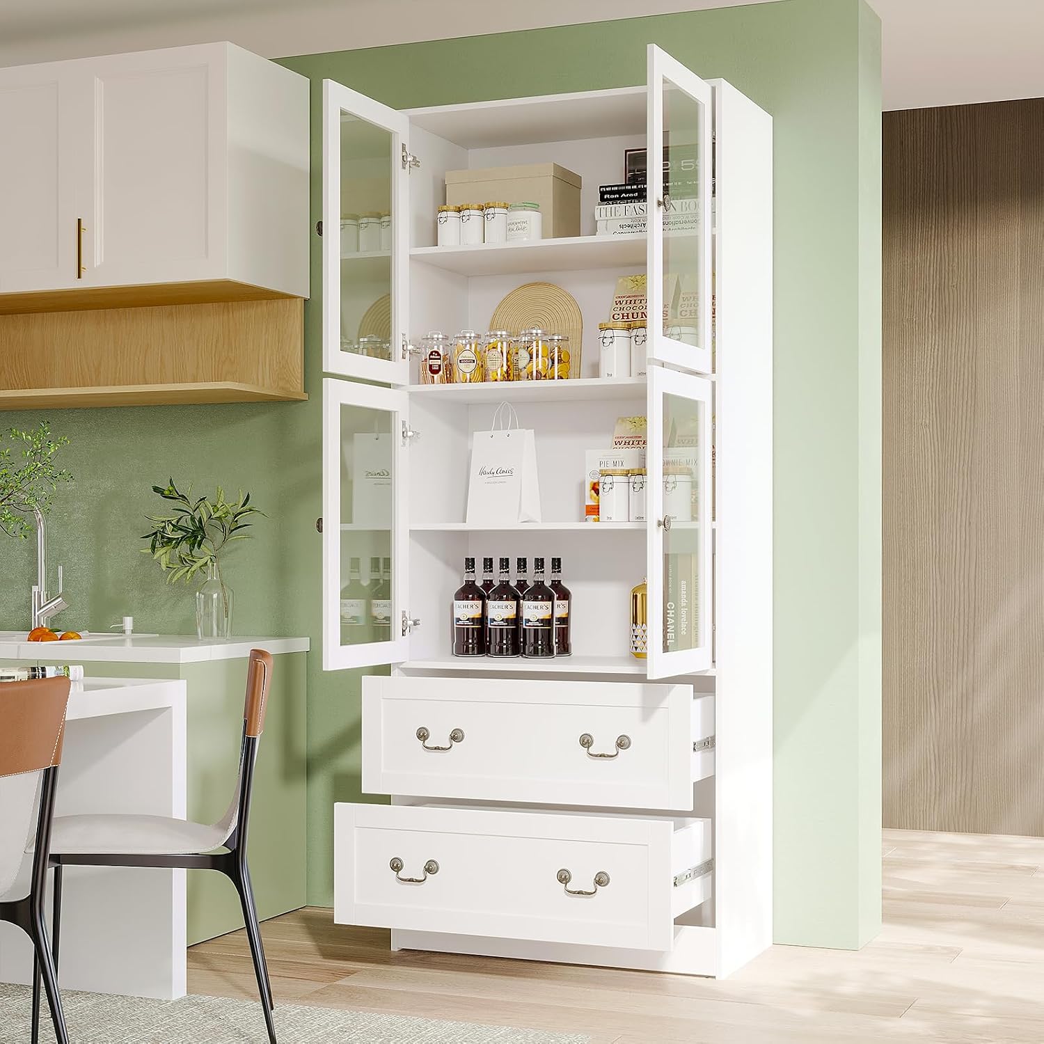 VOWNER bookcase with its glass doors open, revealing various items stored on the shelves and in the drawers, such as jars, bottles, and books.