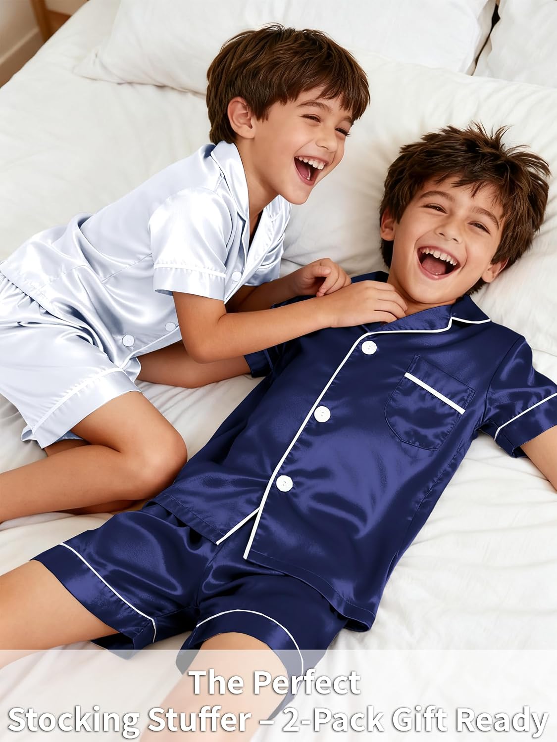 Girls Pajamas Silky Sets 2 Packs, Soft Satin Boys Kids Summer Pjs, Short Sleeve Button Down for Birthday Gift, 5Y-14Y