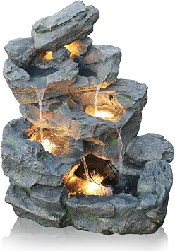 5-Tier Rock Waterfall Fountain,Indoor Outdoor Resin Cascading Fountain with LED Light,Quiet Pump Zen Water Fountain Easy Assembly for Home Patio Garden Office,Relaxing Meditation Decor,Gift