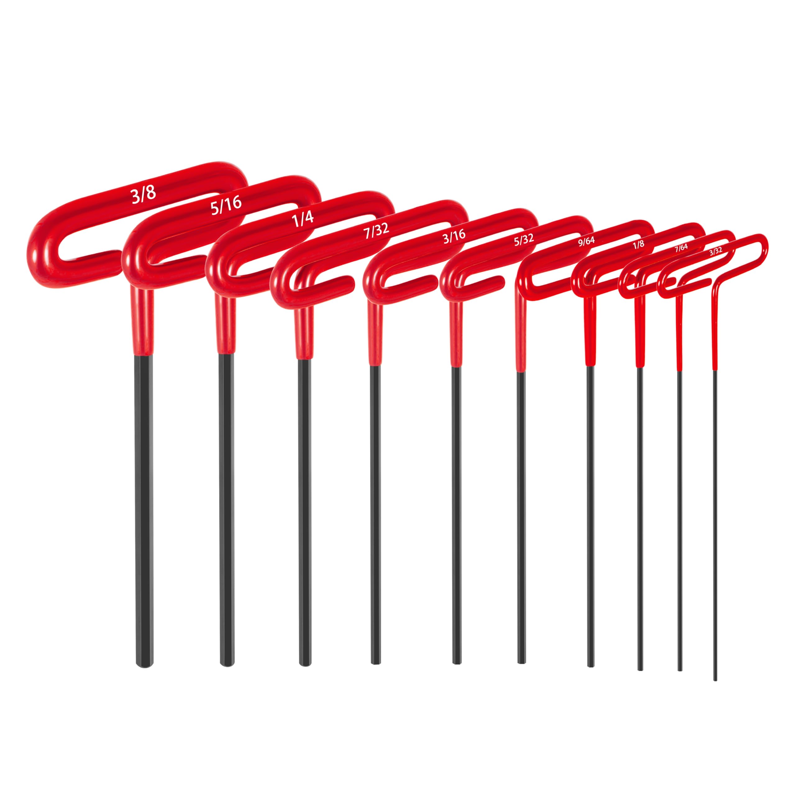 Dytert 10-Piece Red Inch/SAE T-Handle Allen Hex Key Wrench Set(3/32-3/8)，7.4 inches long, Printed Specifications, Versatile Tool for DIY