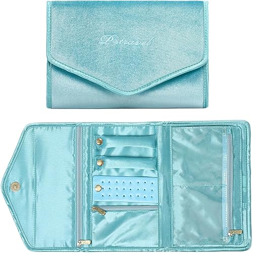 RT&BS Bolsa organizadora de joyas de viaje, rollo de joyería plegable de terciopelo para aretes, collares, anillos, pulseras, broches (azul cian)