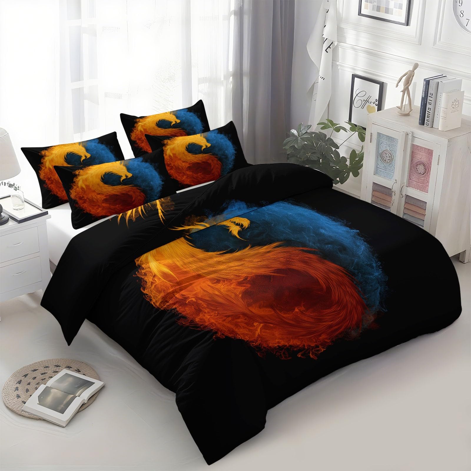 Fantasy Arts pościel 180 x 200 cm, poszewka na poduszkę, Yin Yang, zwierzęta, smok, ogień, lód, miękka pościel dla dzieci, młodzieży, komplet pościeli z mikrofibry, z zamkiem błyskawicznym, ciepła i
