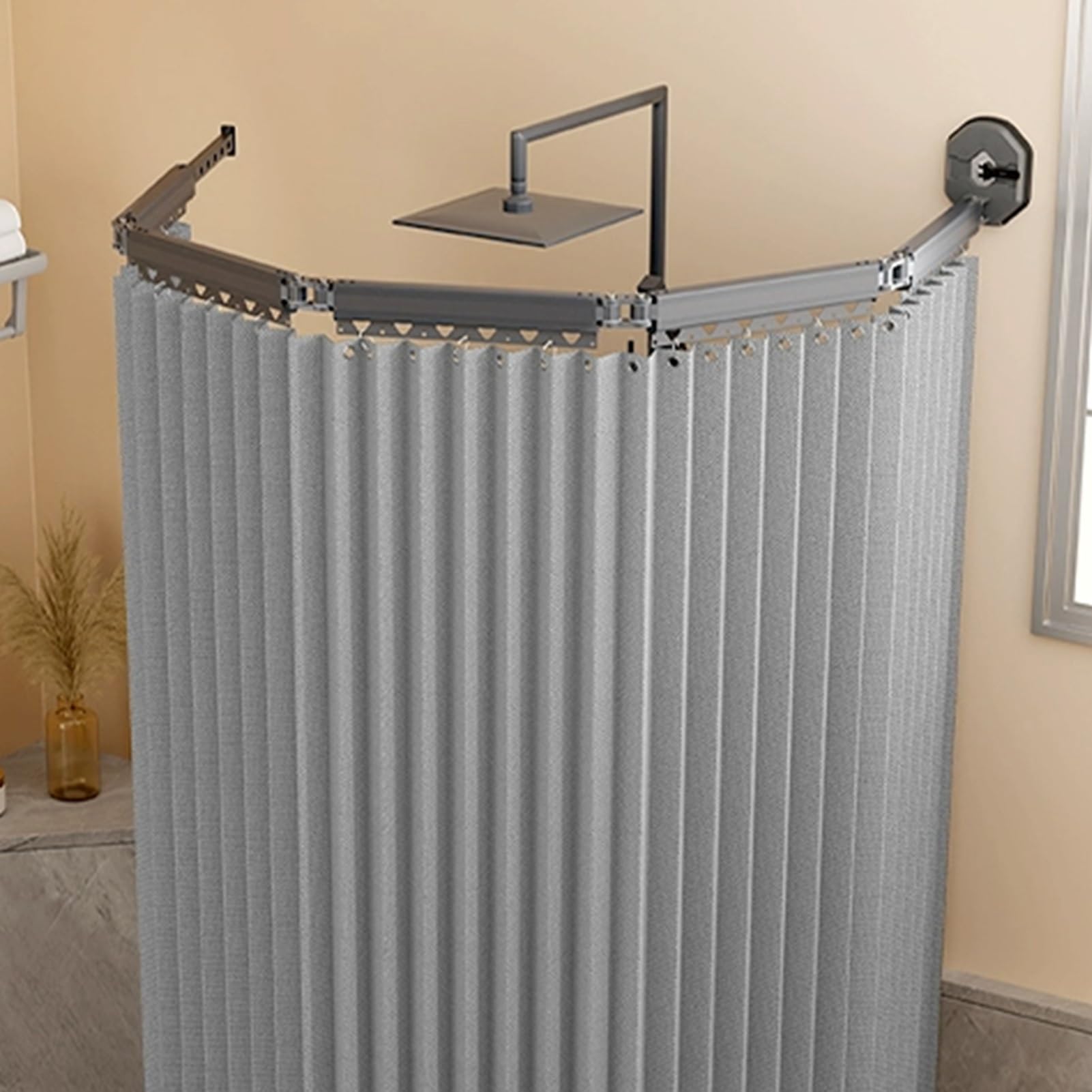 Set doccia pieghevole e asta staccabile, design moderno in lino, asta angolare retrattile per bagno/camper/hotel, combinazione fai da te, grigio chiaro (40,9 + 9,8)