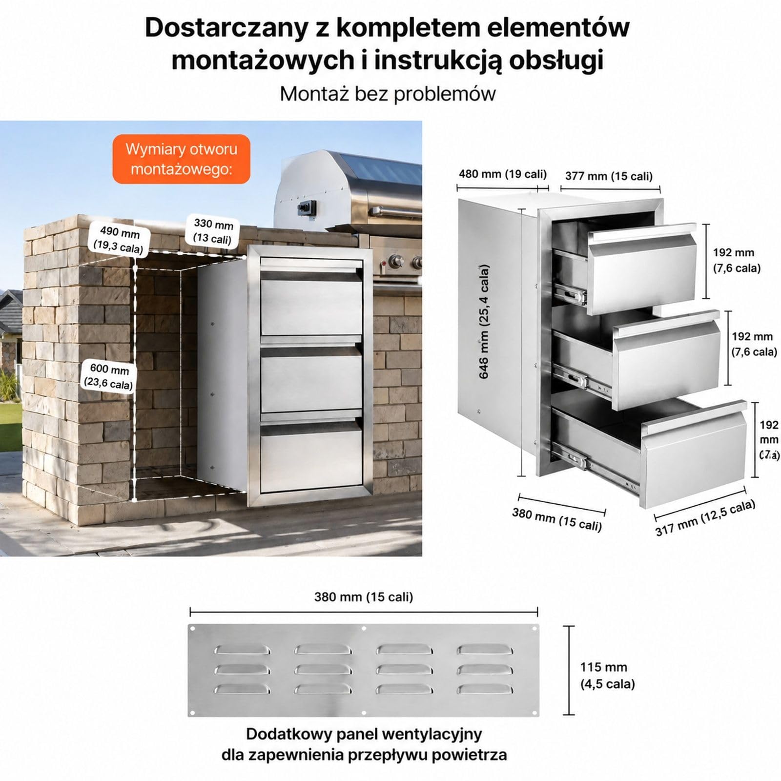 Szuflada do zabudowy z 3 komorami ze stali nierdzewnej, do kuchni zewnętrznej i wyspy grillowej