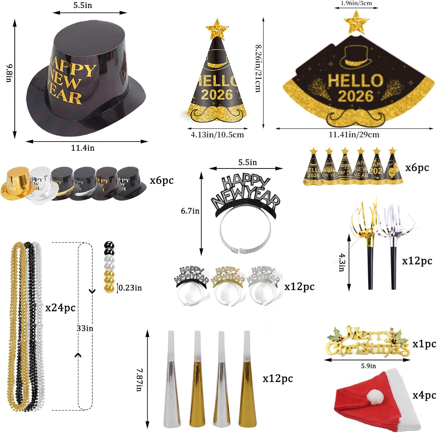2026 New Year Decorations Set for 24 Guests - Hats, Headbands, Conical Hats, Beaded Necklaces, Noise Makers - Image 2