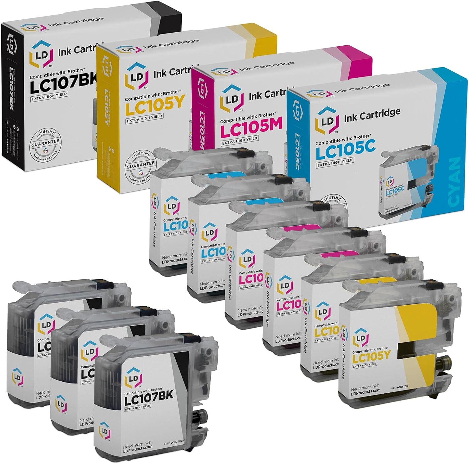 LD Products Compatible Ink Cartridge Replacement for Brother LC107 & LC105 Super High Yield (3 Black, 2 Cyan, 2 Magenta, 2 Yellow, 9-Pack) Compatible w MFC-J4510DW MFC-J4610DW MFC-J4310DW and More