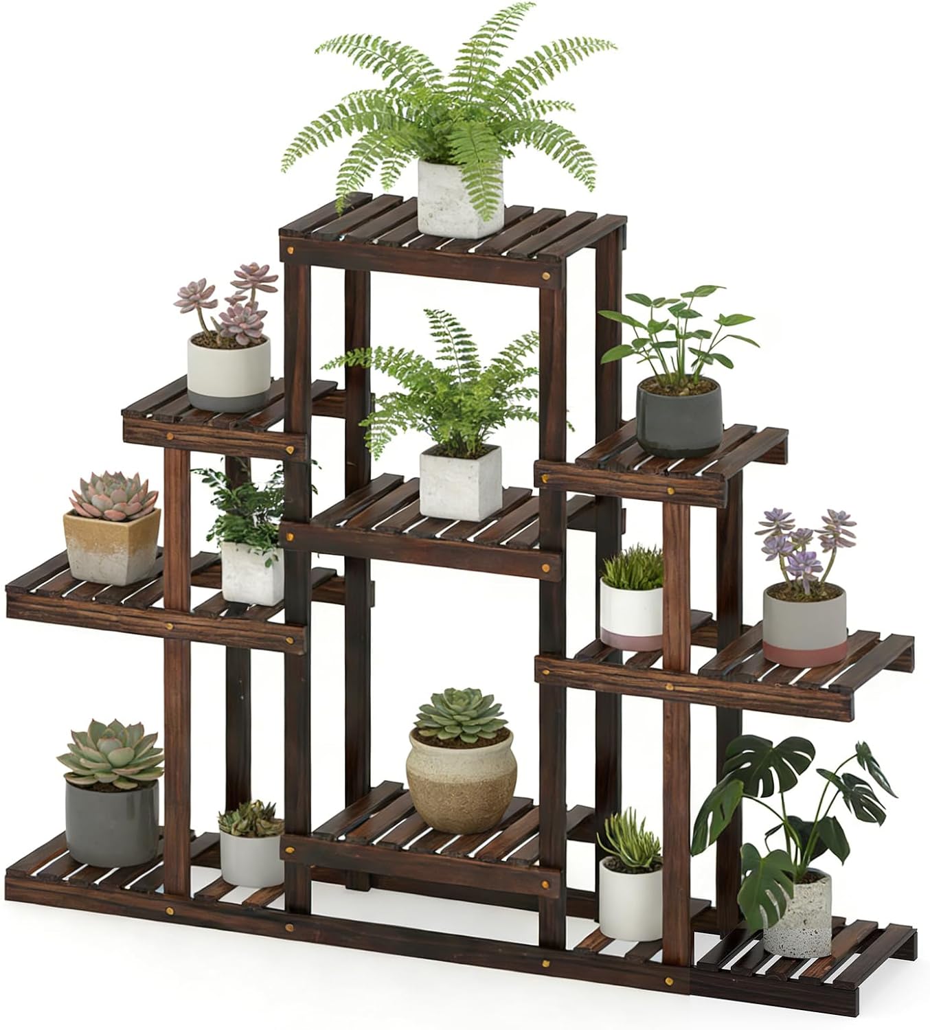 GRAFFY Wood Plant Stand, 6-Tier Flower Pot Holder, Bonsai Display Shelf with Hollow Design, Outdoor Indoor Flower Rack, Multifunctional Storage Rack for Yard Garden Patio Balcony Living Room