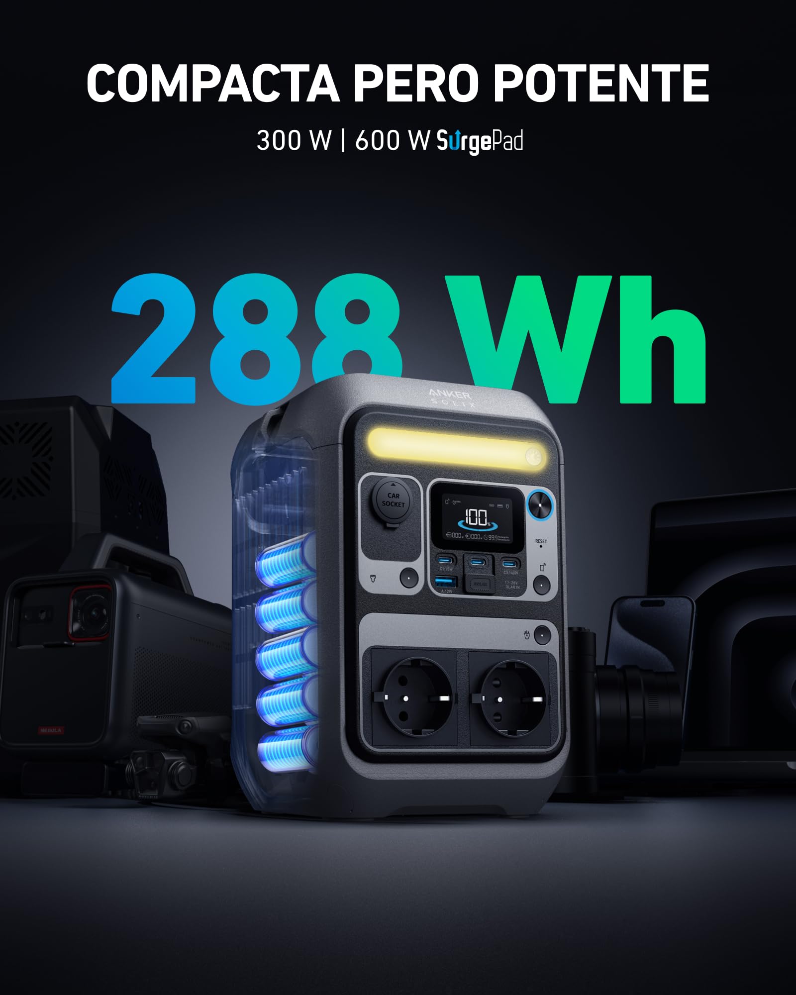 Anker SOLIX C300 Portable Power Station, batería LiFePO4 de 288 Wh, generador solar de 300 W (sobrecarga de 600 W), carga rápida de 140 W, acampar, viajar y emergencias (panel solar opcional)