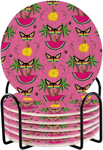 Casters Set with Holder 6 Pack Coasters for Drinks Absorbent Home Coasters Posavasos para Mesa Funny Cat Pink