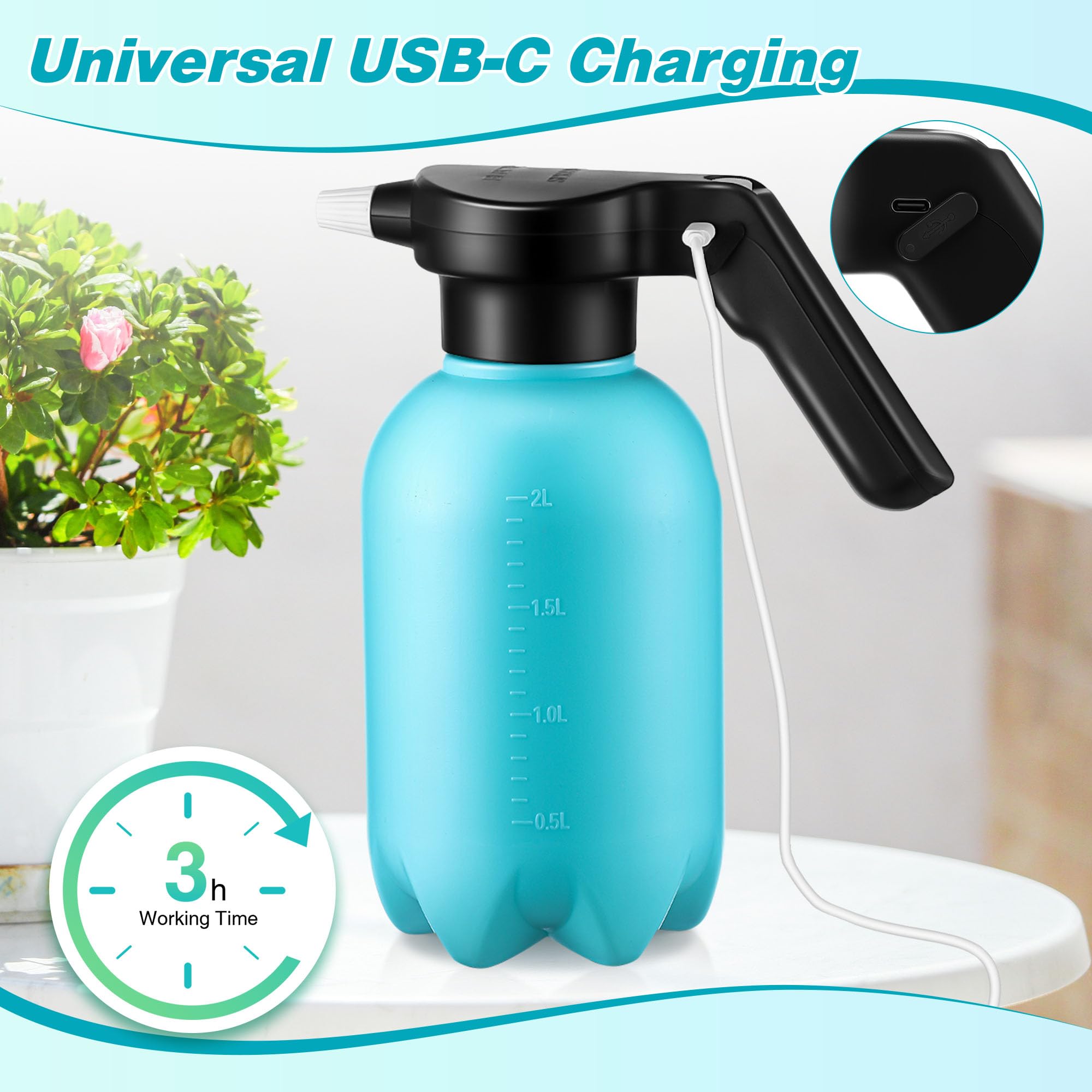 Vaporisateur électrique pour plantes d'intérieur et d'extérieur, 1,5 l, arrosoir automatique, alimenté par batterie rechargeable avec bec réglable pour le jardinage, le nettoyage (style bleu)