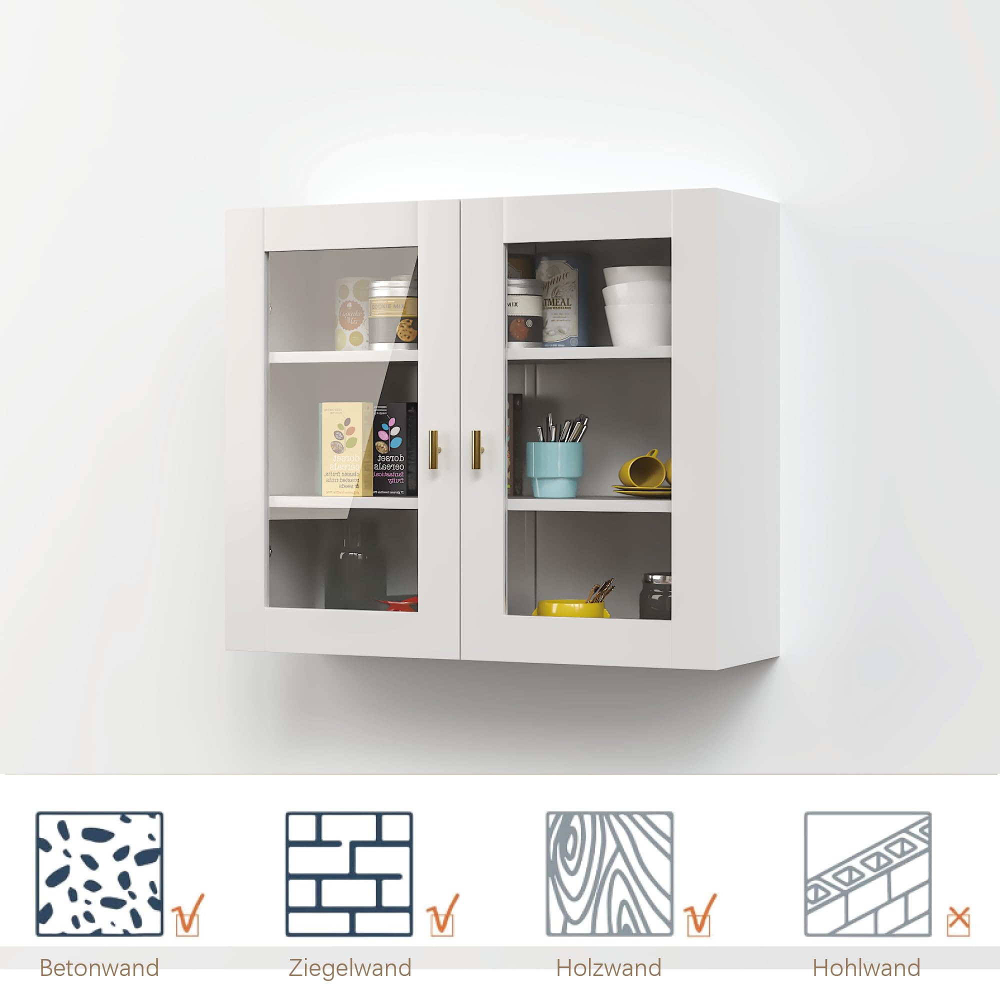 KEEPREAPER Hängeschrank 70cm Küchenhängeschränke mit 2 Glastüren, Wandschrank für Gewürze, Medizinschrank & Apothekerschrank Wandmontage, Geeignet für Küchen, Wohnzimmer, Flur (Weiß)