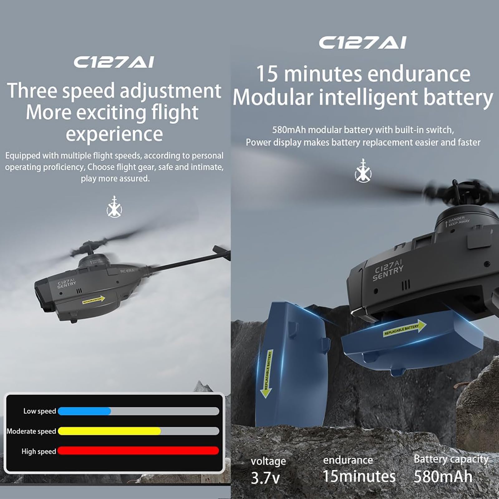 C127AI Scout Drone RC Helicopter z kamerą 1080P dla dorosłych, 2.4G 4CH zdalnie sterowany helikopter z 6-osiowym żyroskopem optycznym pozycjonowaniem przepływu,2 batteries