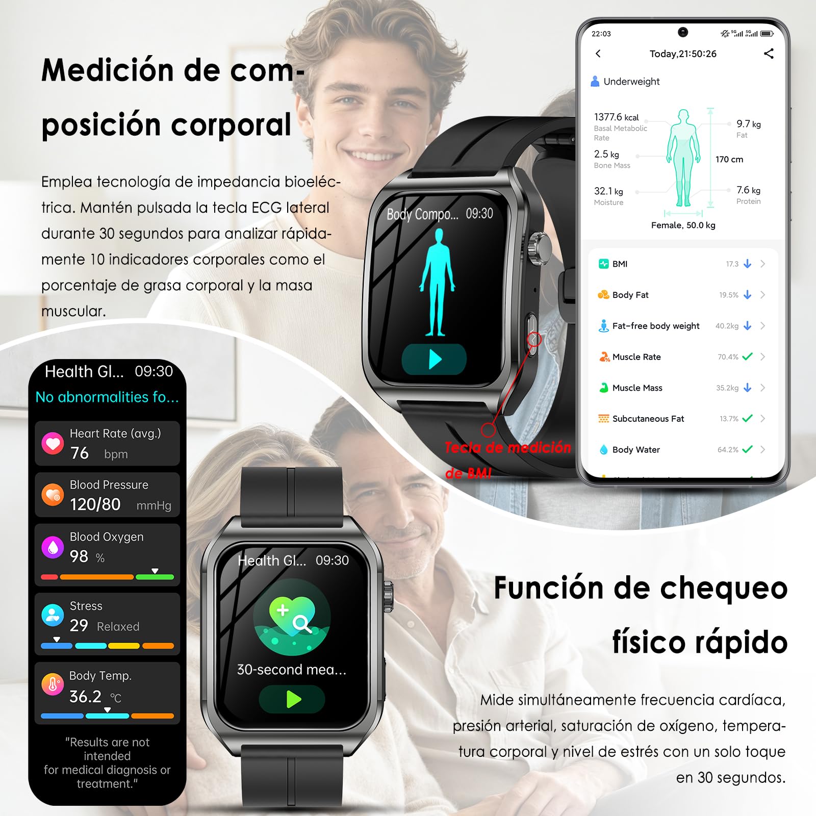 Marsyu Reloj Inteligente con ECG+HRV/Tension Arterial/Sueño/Estrés/Fatiga