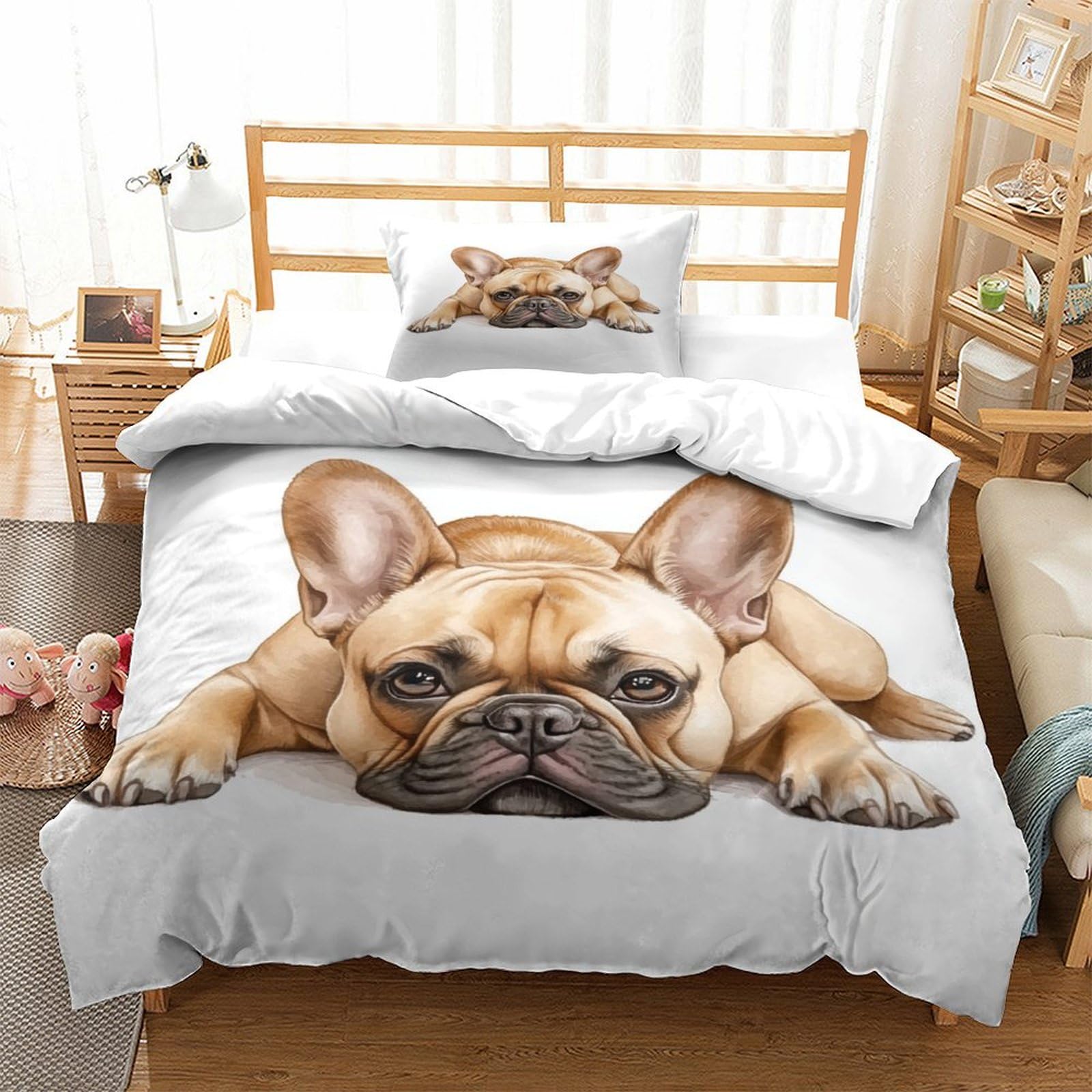 XPASHIQWC FRENCH BULLDOG 3D Print Bedding Set Cute Dog with Hidden Zipper Microfiber for Modern Bedroom Decoration Single（135x200cm）