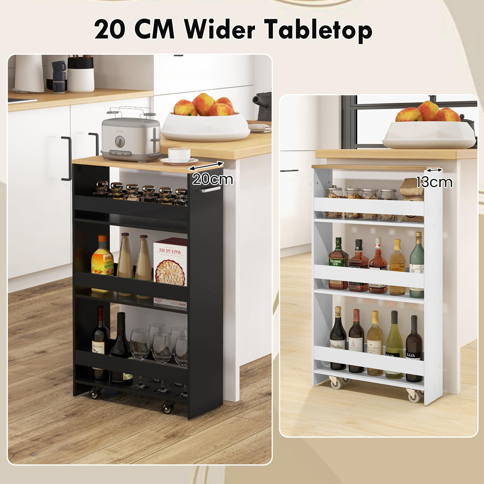 FANTASK Nischenregal 20 cm Breit, Nischenwagen auf Rollen 4 Etagen, Nischenschrank schmal mit Griff & Geländern, Rollregal Holz für Küche, Badezimmer, 47,5 x 20 x 80,5 cm (Schwarz)