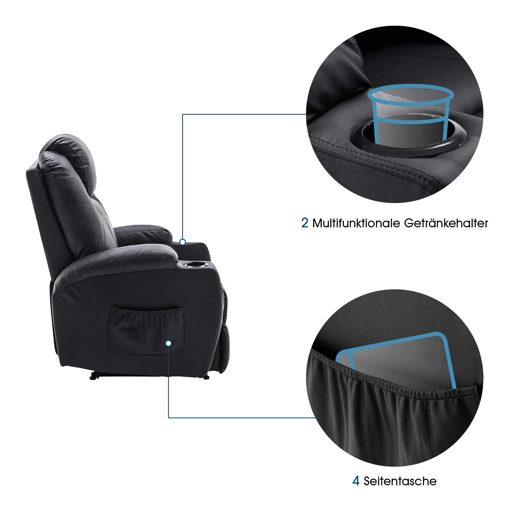 M MCombo Elektrischer Relaxsessel Massagesessel Fernsehsessel Liegefunktion Vibration Heizung Schwarz Kunstleder