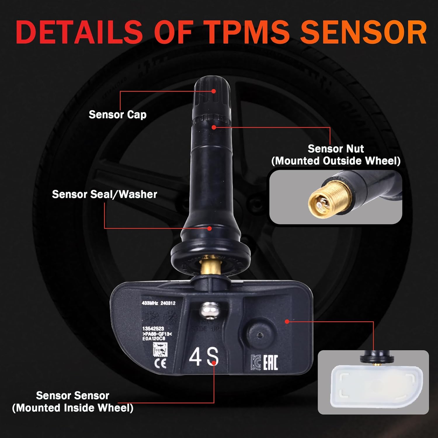 RLP TPMS Tire Sensor Tire Pressure Monitoring System Sensor 433MHz Compatible with 2020 2021 2022 2023 2024 Buick Ca-dillac Chevy Silverado GMC Sierra Pontiac Replaces 13542523 13533166