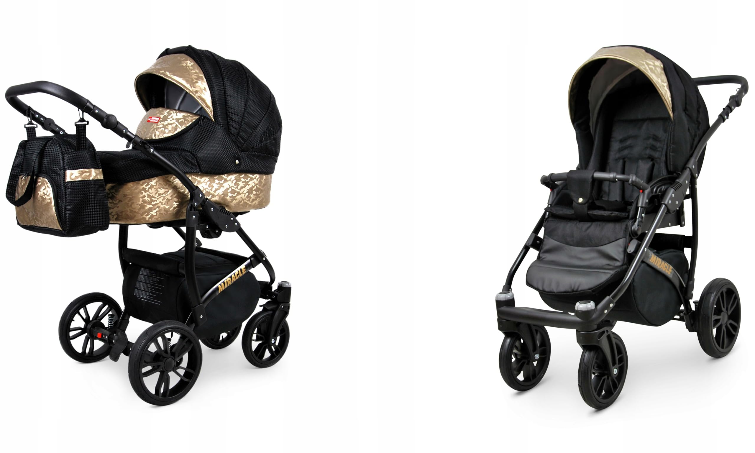BabyLux Miracle Wózek Dziecięcy 2w1 Głęboki i Spacerowy z Akcesoriami Regulowana i Składana Lekka Aluminiowa Konstrukcja 2 Opcje Montażu Wodoodporny Nieprzebijalne Koła Black Deluxe