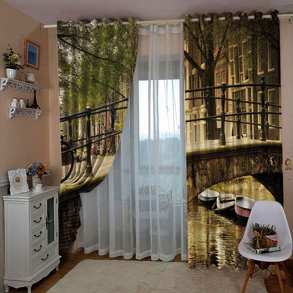 Fenster Vorhang Schlaufen-Vorhang Fluss und Brücke Dekorative Gardine Schlaufenschal Fenster-Schal 2er Set Größe:2 x B75 x H166cm