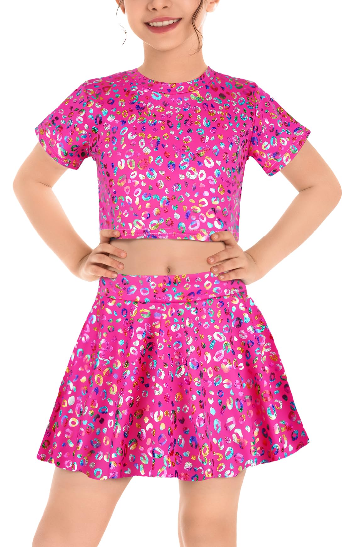 Happy Cherry Girls 2 Piece Sequin Crop Top and Skirt Set Full Prints Dot Shiny Disco Outfit Set 3-13Y