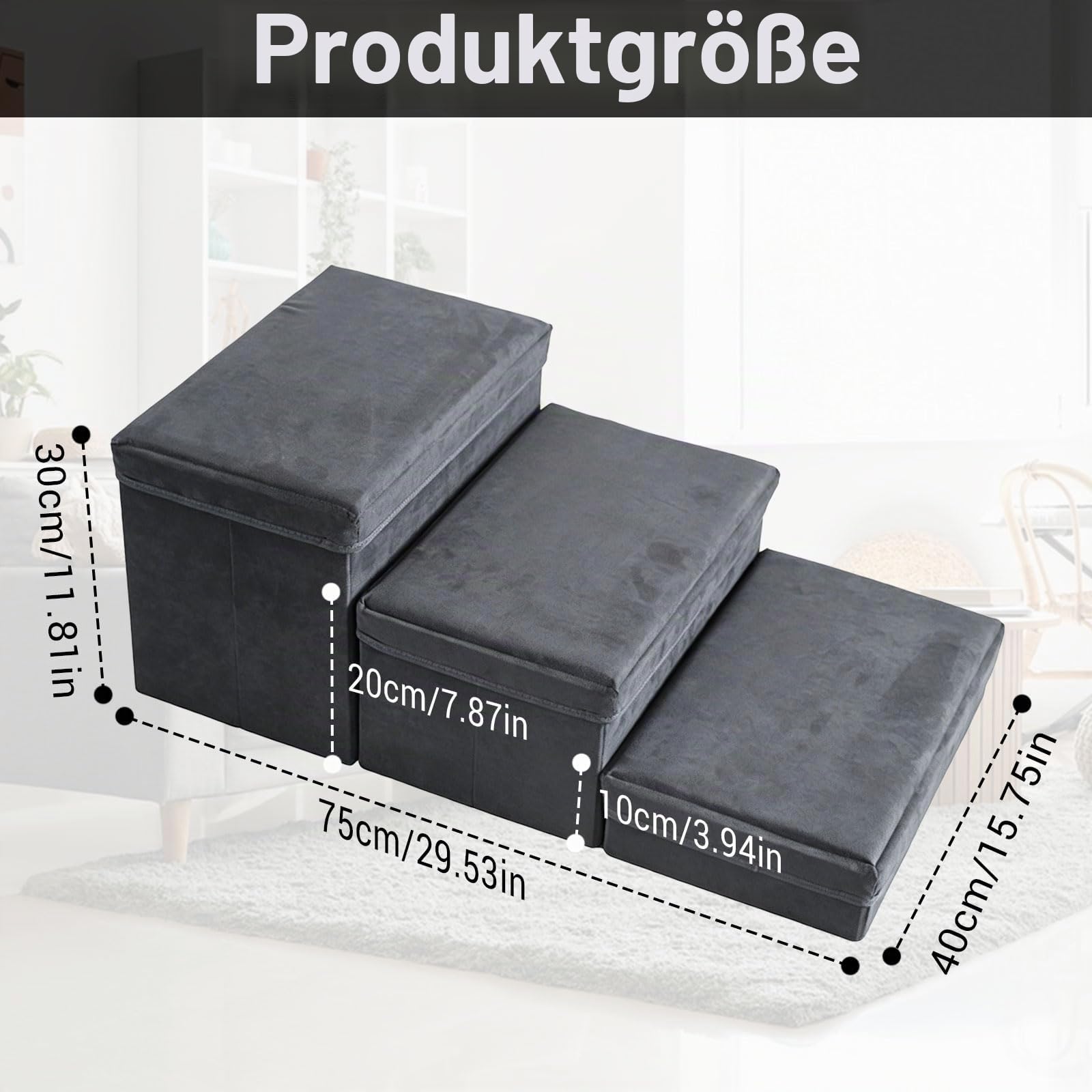 Hundetreppe mit Stauraum 3 Stufen Faltbar 75x40x30cm - Rutschfeste Haustiertreppe für Bett und Sofa - Extra Breite Hunderampe für Kleine und Große Hunde Katzen - Stabile Dog Stairs Dunkelgrau (Grau-3)
