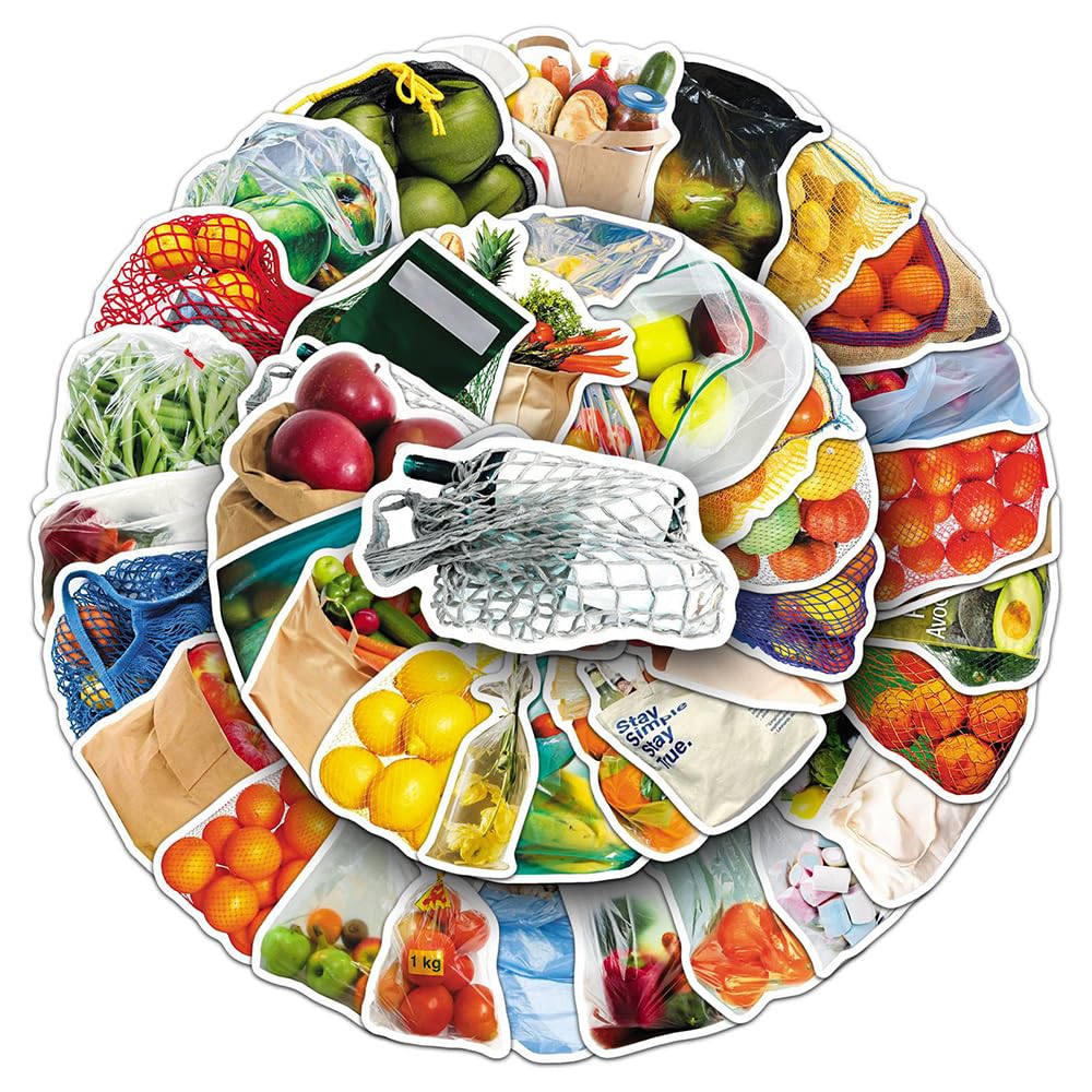 Aesthetic Bagged Food Vinyl Stickers, 50 PCS Waterproof Grocery Bag Fruit & Vegetable Decals for Laptops, Scrapbooking, Journals, Water Bottles, Phones, Notebooks & DIY Decor
