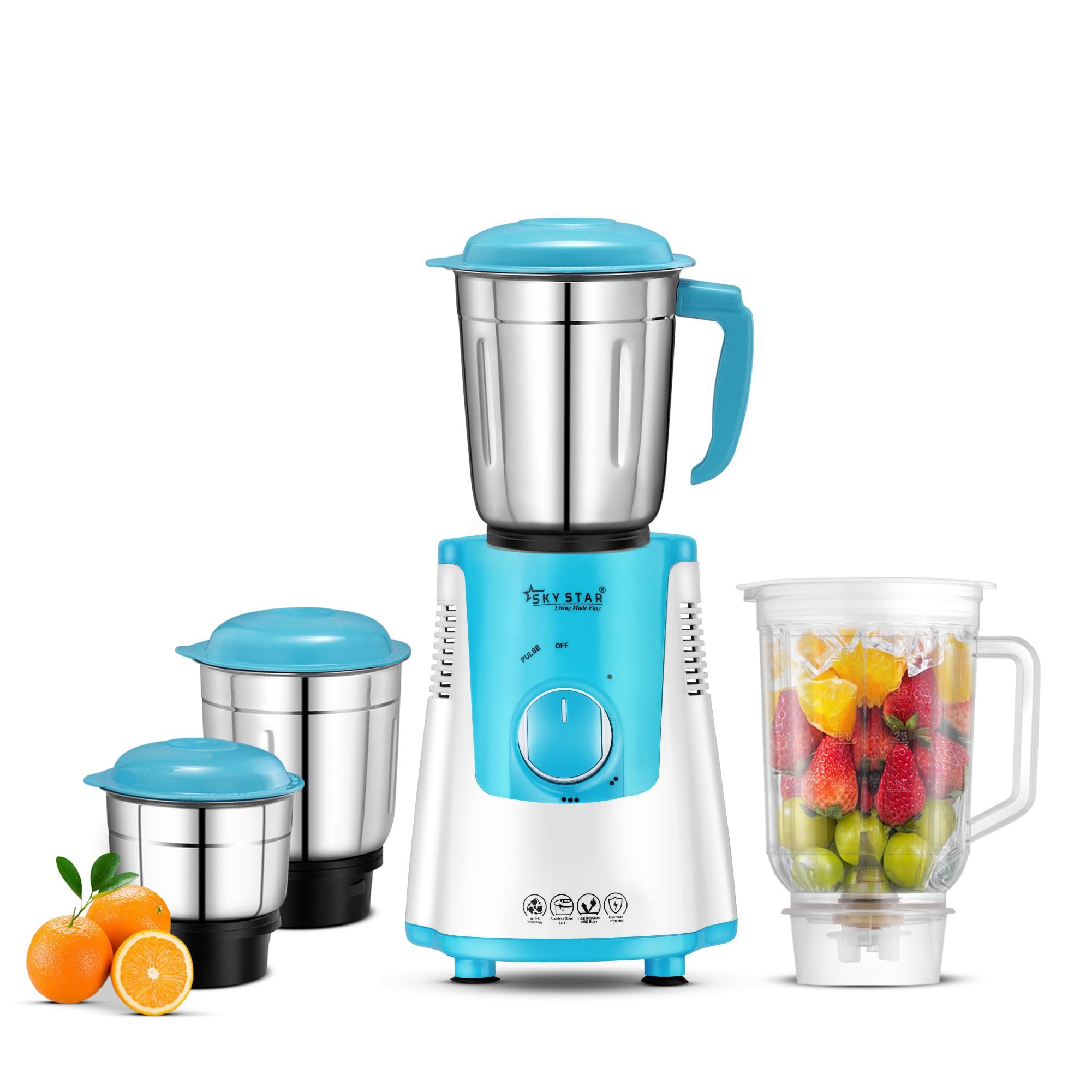 SKYSTAR 600W RapidBlend 4 Jar BIS Approved Juicer Mixer Grinder| 3 Stainless Steel Multipurpose Jars & 1 Juicer Jar | ABS Body | Sturdy Polycarbonate Juicer Jar |White & Blue1 Year Warranty-image-32