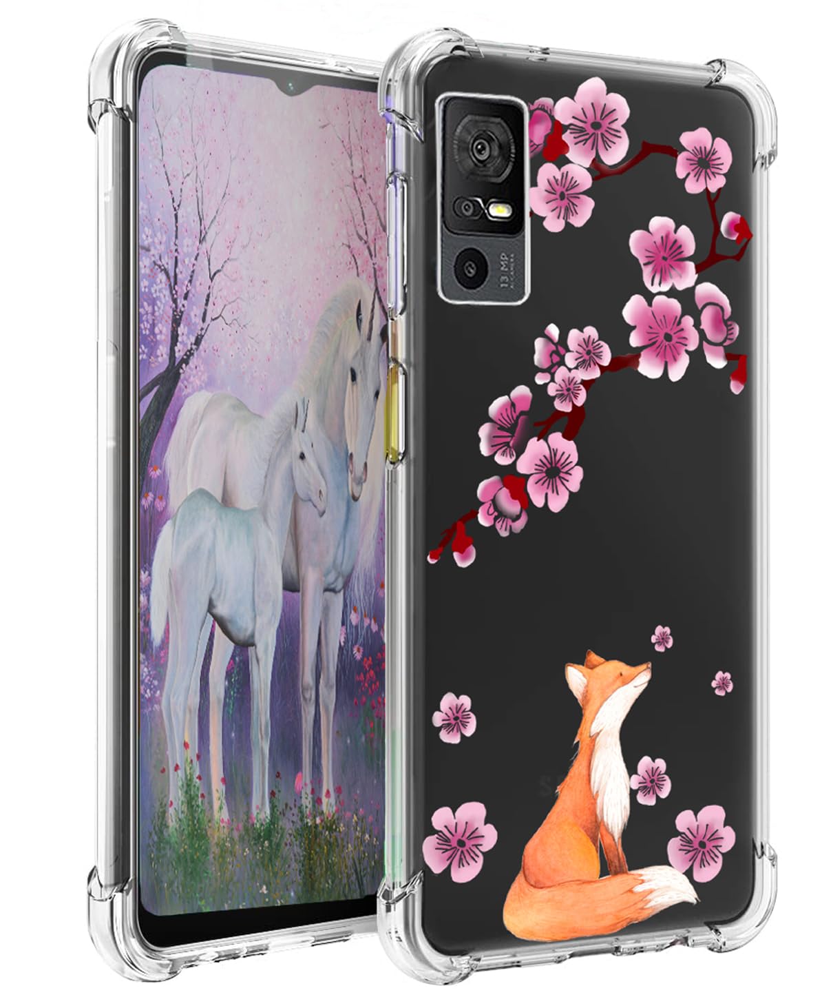 Ftonglogyfor TCL 40 XE 5G Case: Clear Slim Cute Flower Floral Design for Girl Women Boys Soft TPU Bumper Shockproof Rugged Silicone Cell Phone Cover for TCL 40XE (Lucky Fox)