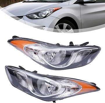 OUKANING - For 2011 2012 2013 Hyundai Elantra Halogen Driver and Passenger Side Headlights Assembly Chrome Housing Replaces 92101-3Y000 92102-3Y000
