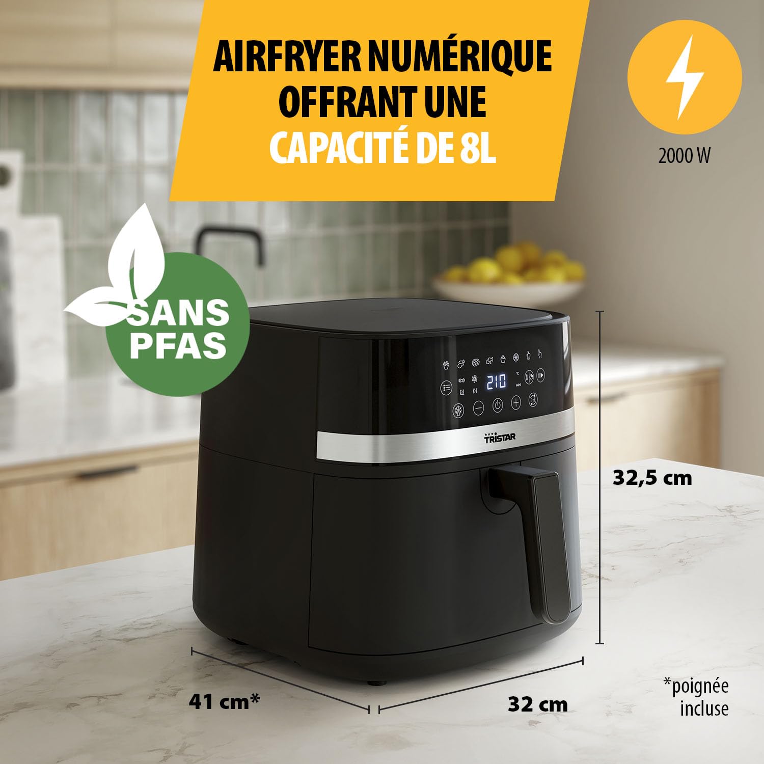 Tristar Friteuse à Air Numérique, 8L Capacité, 2000W, Écran Tactile LED, 7 Programmes + Manuel, Fonction Préchauffage et Maintien au Chaud, Rappel de Secouage, Revêtement Antiadhésif, FR-9418