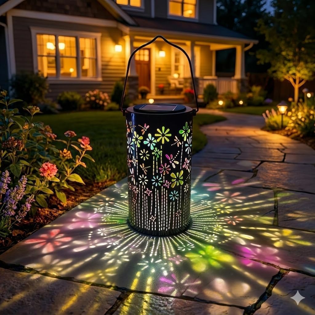 Colorful Sunflower Glow Solar Garden Lantern, Outdoor Solar Hanging Lantern with Colorful Projection, IP65 Waterproof Sunflower Metal Solar Light for Patio Yard Pathway Balcony Lawn (Dragonfly,Small)