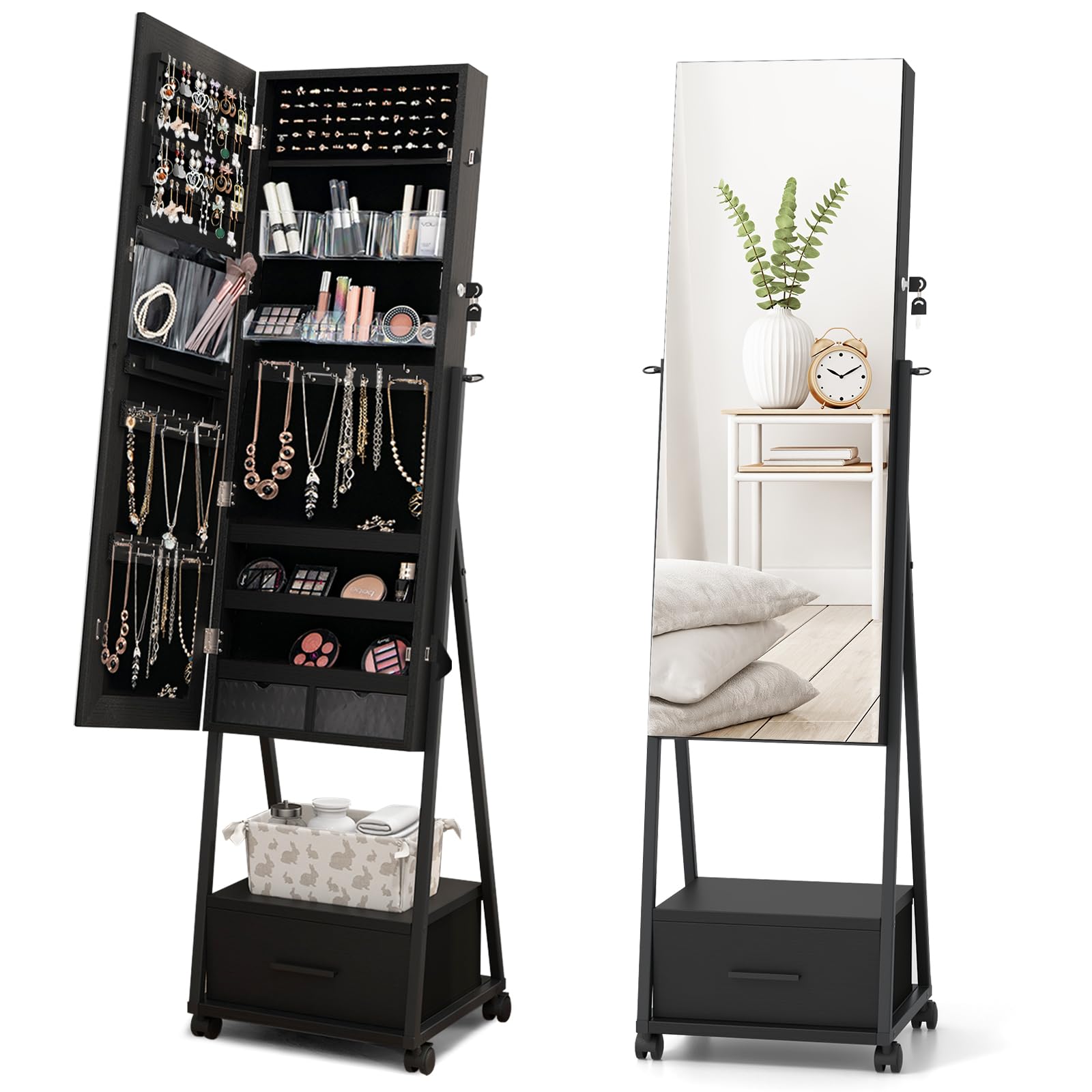 HOMASIS HOMASIS Joyero con cajones, espejo extraíble con 4 ruedas con freno, organizador de joyas con cerradura y espejo de cuerpo entero (Negro)