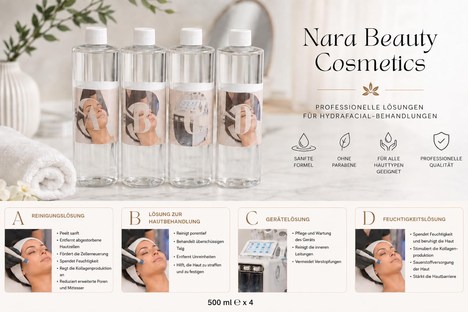 Nara Beauty Cosmetics Set für Hydrafacial-Maschinen, 4 x 500 ml, Reinigungslösungen, Behandlung, Feuchtigkeitsversorgung und Maschinenpflege