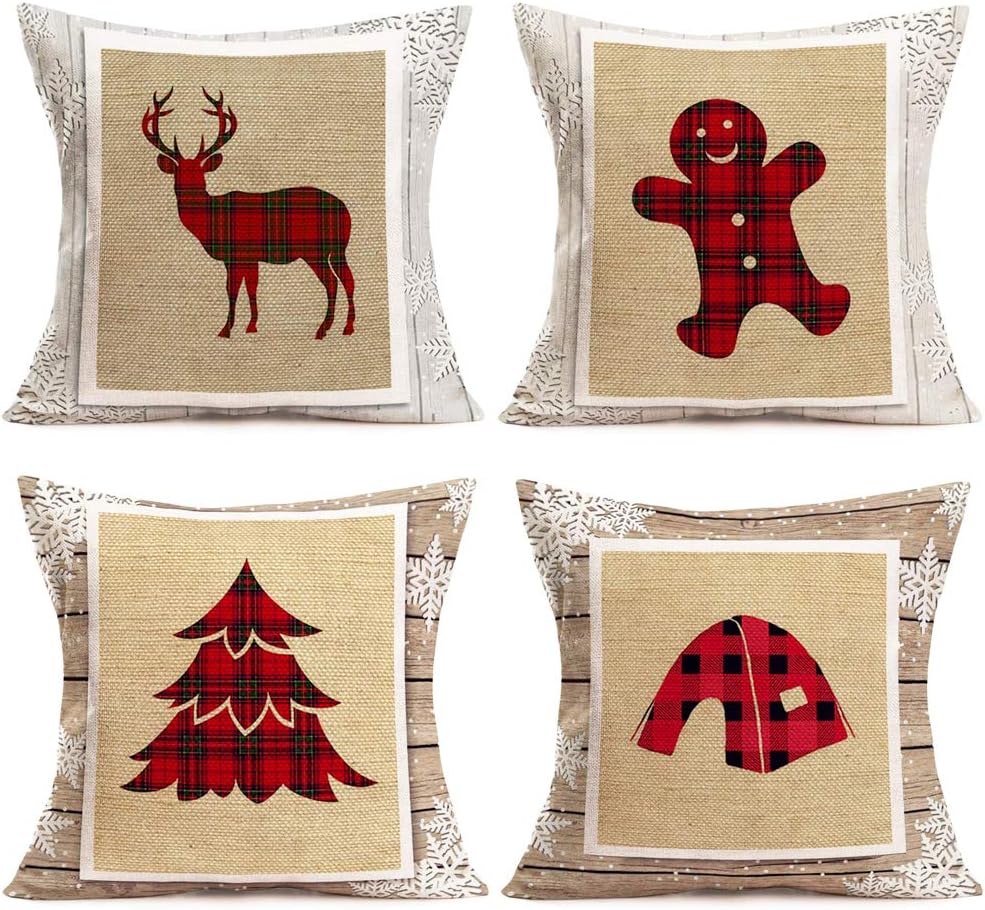 FukeenSet of 4 Cotton Linen Throw Pillow Covers Red Black Buffalo Check Plaid Deer Pine Tree Gingerbread Man Tent Decorative Farmhouse Pillows Burlap Pillow Cases Snowflake Wood Cushion Cover