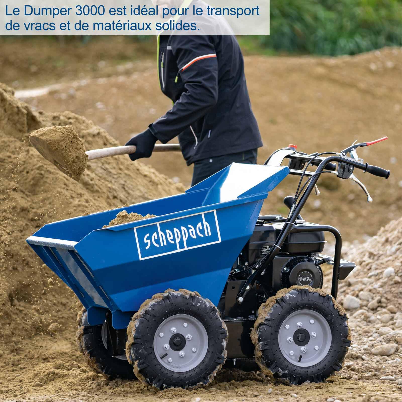 Scheppach Mini-Pelle EXC815 + Benne motorisée DP3000 - Moteur 4 Temps - Largeur du Godet 290 mm - portée 2330 mm - Volume de la Benne 125L - Charge Max 300 kg