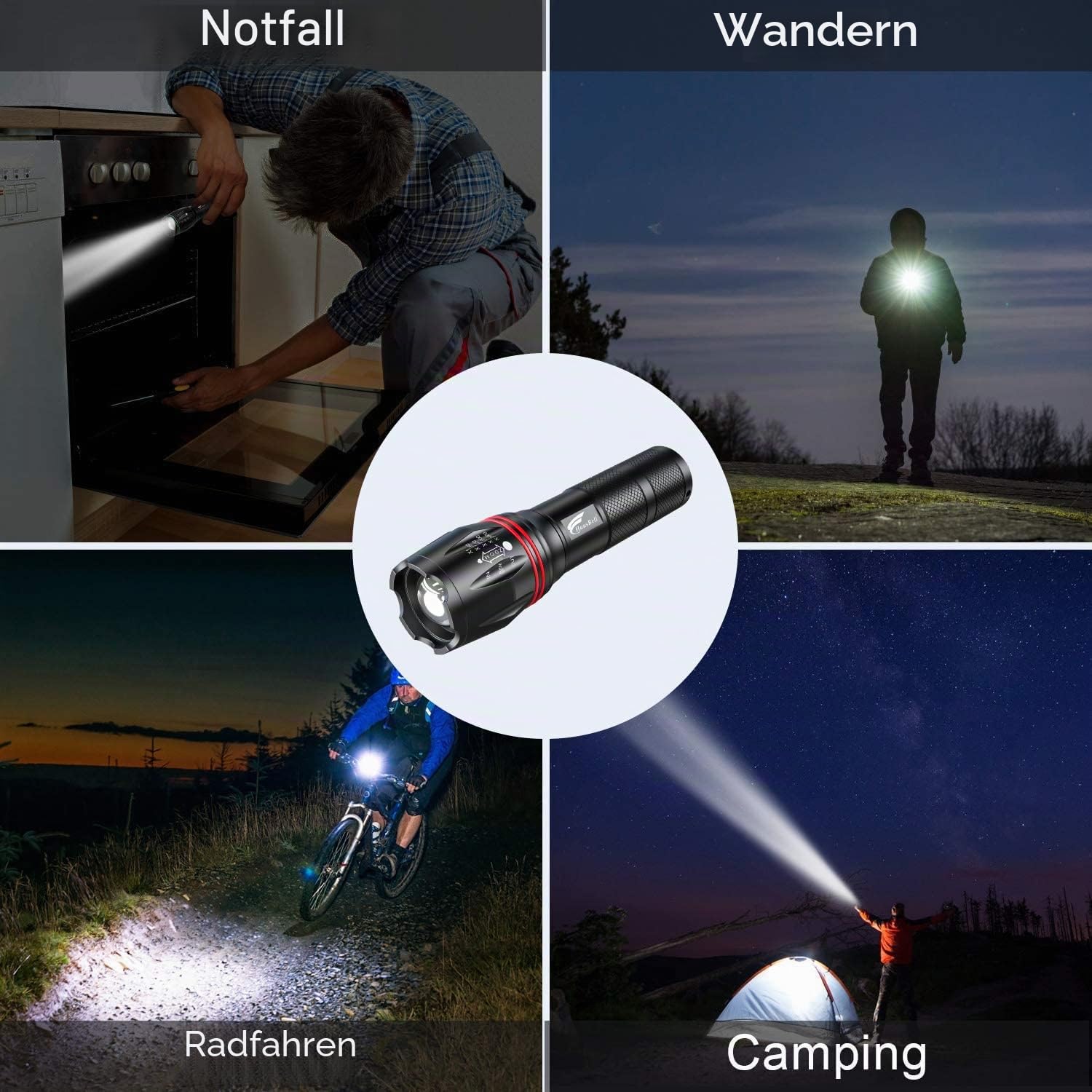 HAUSBELL LED Taschenlampe 2000 Lumen (2 Stück), Superhelle Taschenlampe mit 5 Modi, Zoom-Funktion, Batteriebetrieben, Wasserfest – Taktische Taschenlampe für Camping, Wandern & Notfälle (Schwarz)