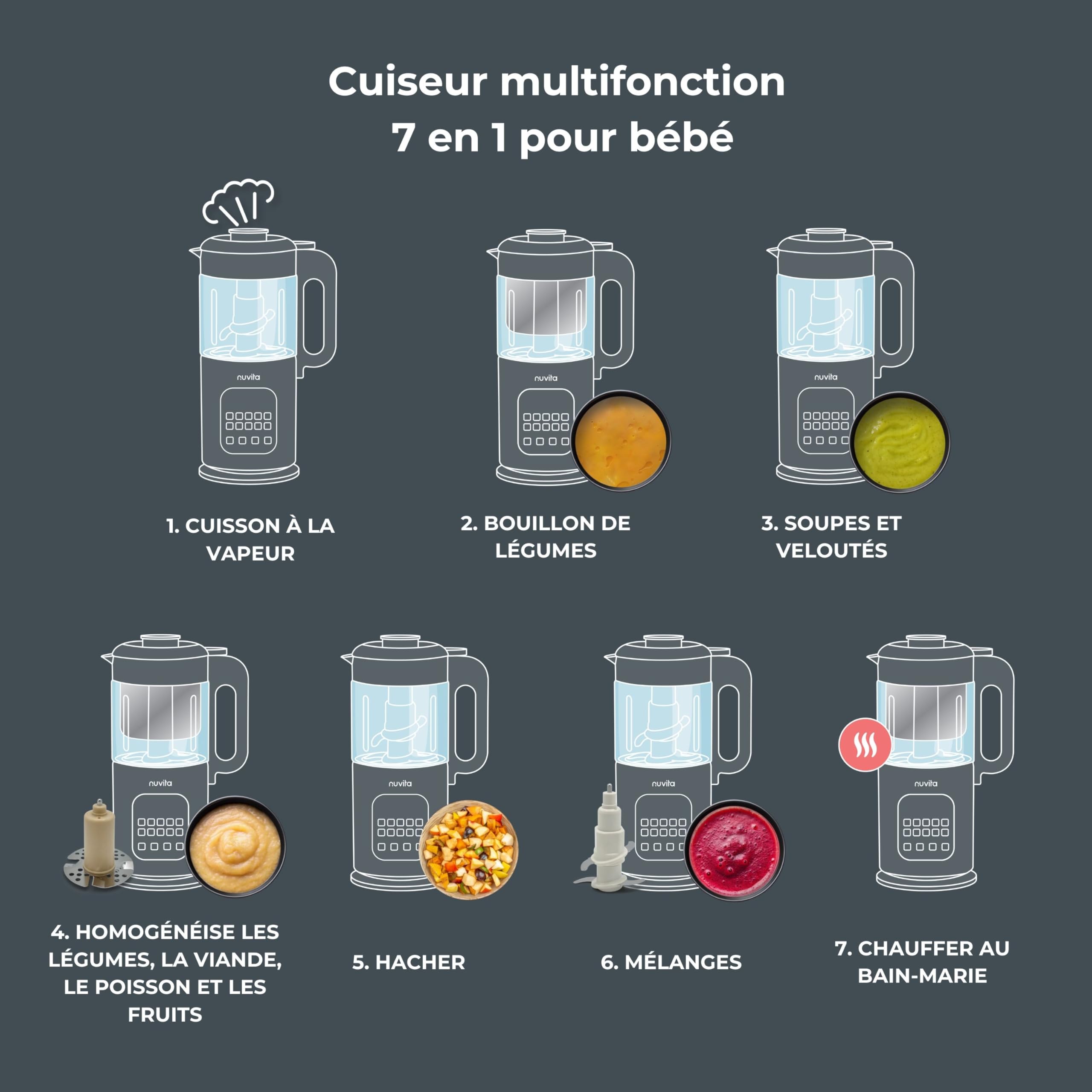 Nuvita Magic Pappa Robot Cuiseur Multifonction 7-en-1 Cuit Vapeur Mixe Hache Purées Soupes Smoothies Auto-Nettoyant