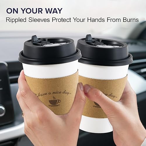 Miniatura 6 de LITOPAK Paquete de 100 tazas de café de 12 onzas con tapas, tazas de café para llevar con tapas y fundas Kraft, taza de café blanca para bebidas