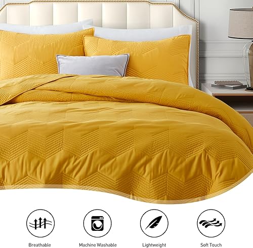 Miniatura 3 de Lavsiry Juego de edredón de tamaño individual con patrón de cheurón, colcha ligera de microfibra amarilla para verano, juego de ropa de cama suave