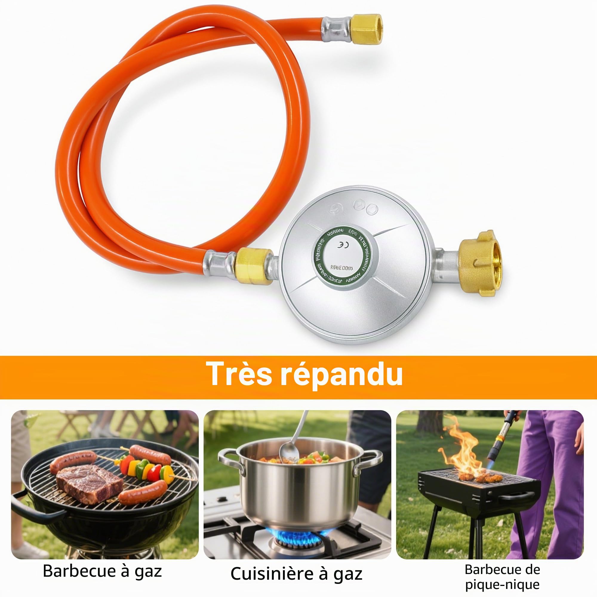 Tuyau de gaz avec réducteur de pression 50 mbar : 150 cm en alliage d'aluminium et cuivre Tuyau de gaz régulateur de pression de gaz avec raccords à vis 1/4" gauche pour barbecues à gaz, camping