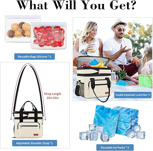 Miniatura 6 de Coobiiya 23L Large Expandable Insulated Lunch Bag Cooler Bag，Lunch Box for Men Double Deck Leakproof，Heavy Duty LunchBag with 4 Ice Packs&10 Snack