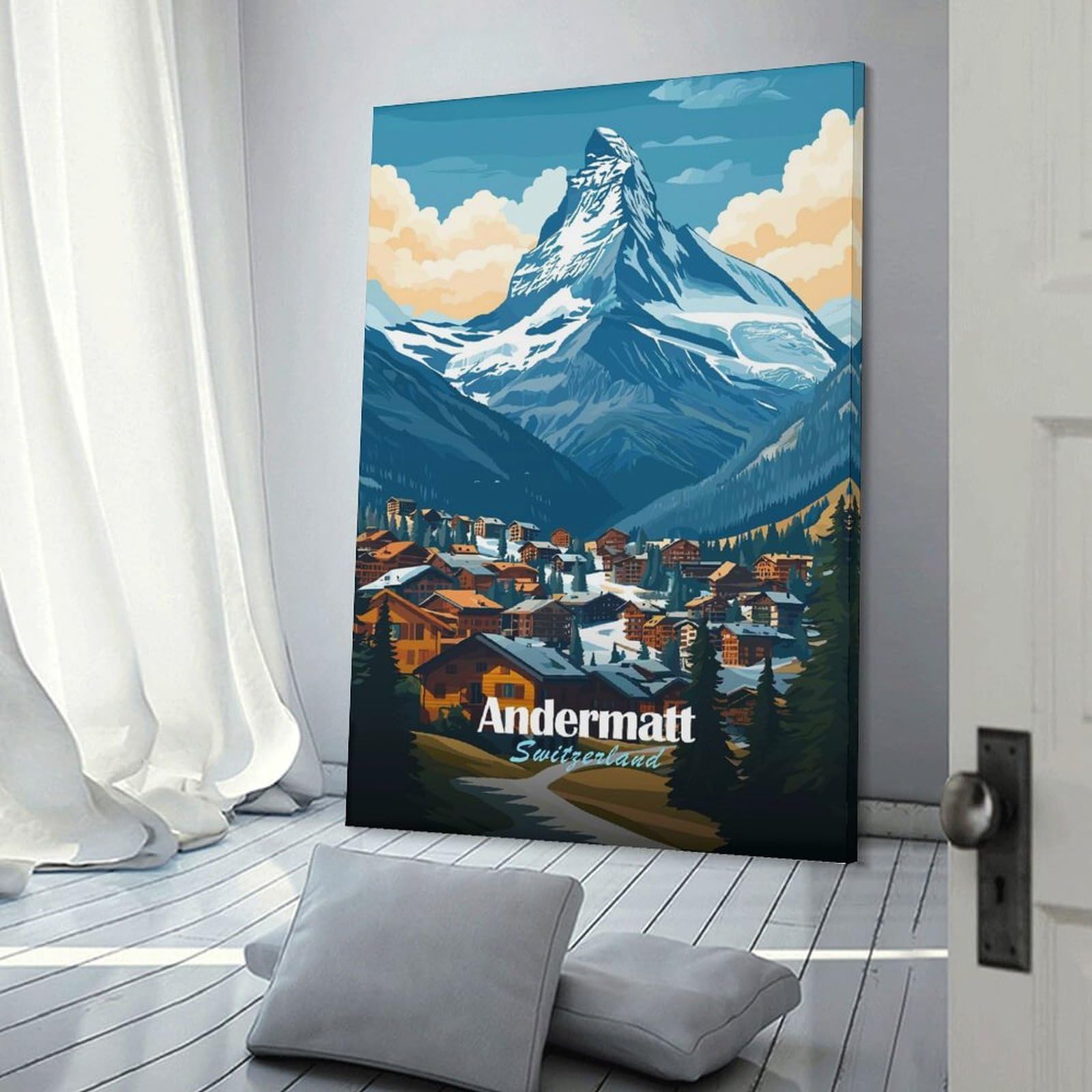 Junmoney Room Decor Wall Art Andermatt Switzerland Mountain Village, 24x36inch(60x90cm), for Flats, Guest Rooms Or Compact Rooms, Wall Decor with Flexible Room Appeal