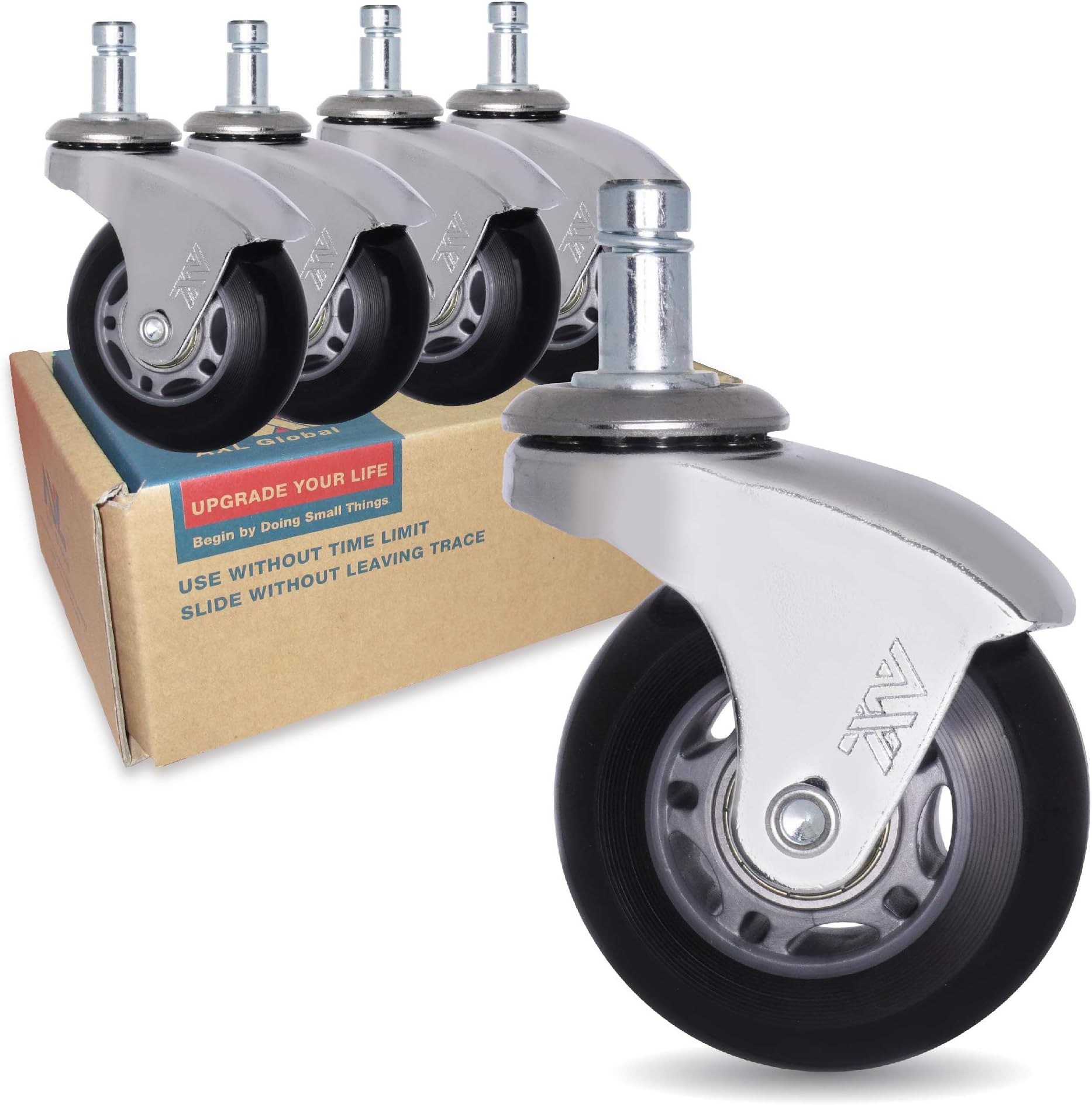 AXL 2.5 Inch Office Chair Caster Wheels Replacement, PU Style Caster, Desk Chair Floor Protector, No Noise, Heavy Duty Casters for Hardwood Floors (Set of 5) (Chrome Feet, Grey/Black)