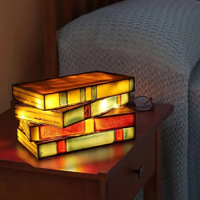 Vintage Resin Stained Glass Stacked Books Lamp - Handcrafted Table Lamp for Home & Office