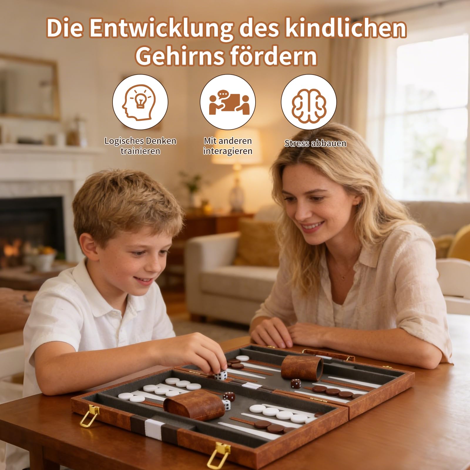 Backgammon Set,15 Zoll Backgammon Reise, Backgammon Koffer, 2 Spieler Brettspiel, Tragbares Reise Strategie Spiel Set mit Würfelbecher, für Erwachsene und Anfänger(Braun)