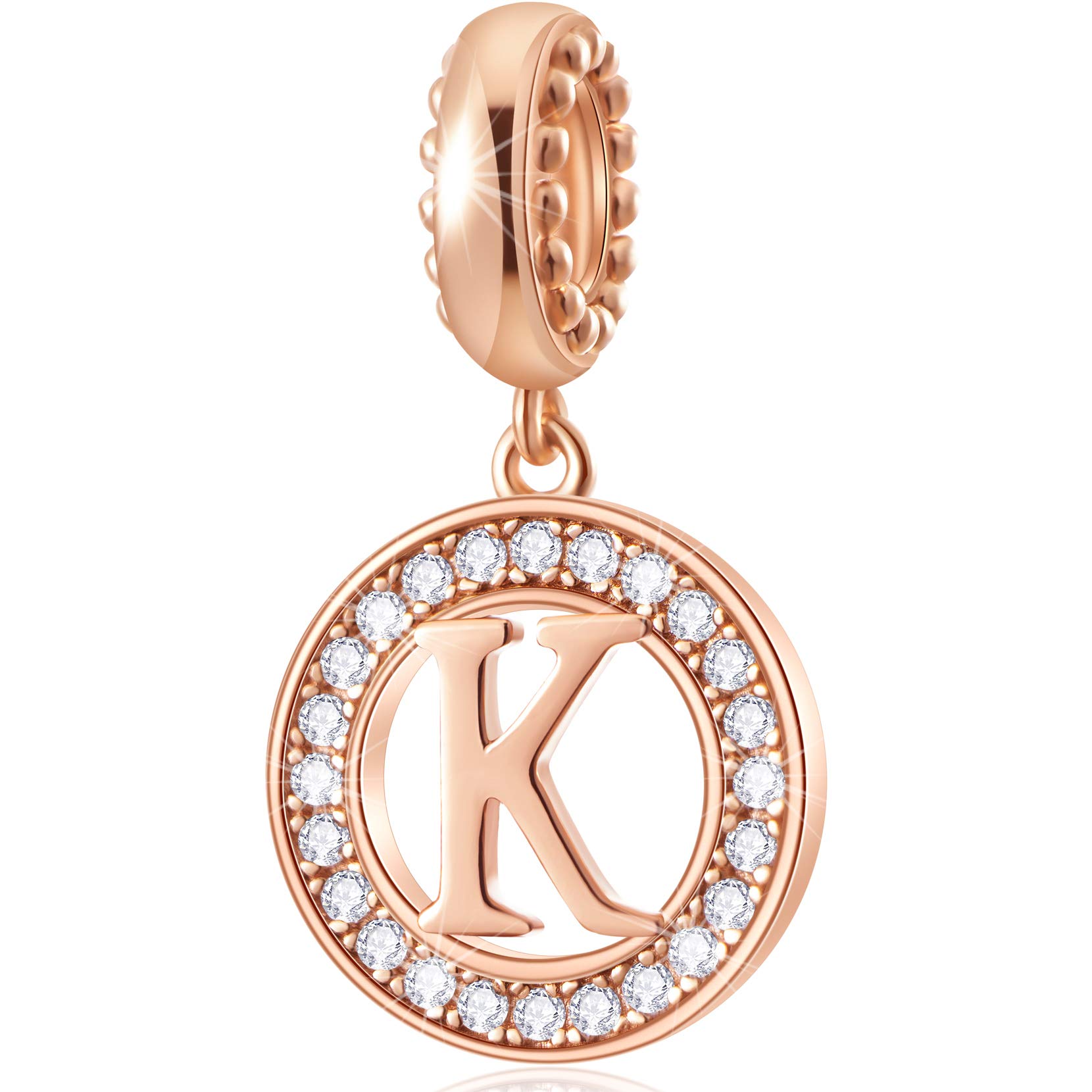 CHAWIN Initial A-Z Letter Charm Bead, Alphabet Charms Rose Gold, Authentic 925 Sterling Silver Charms fit Pandora Charm Bracelets, Necklace, Circle