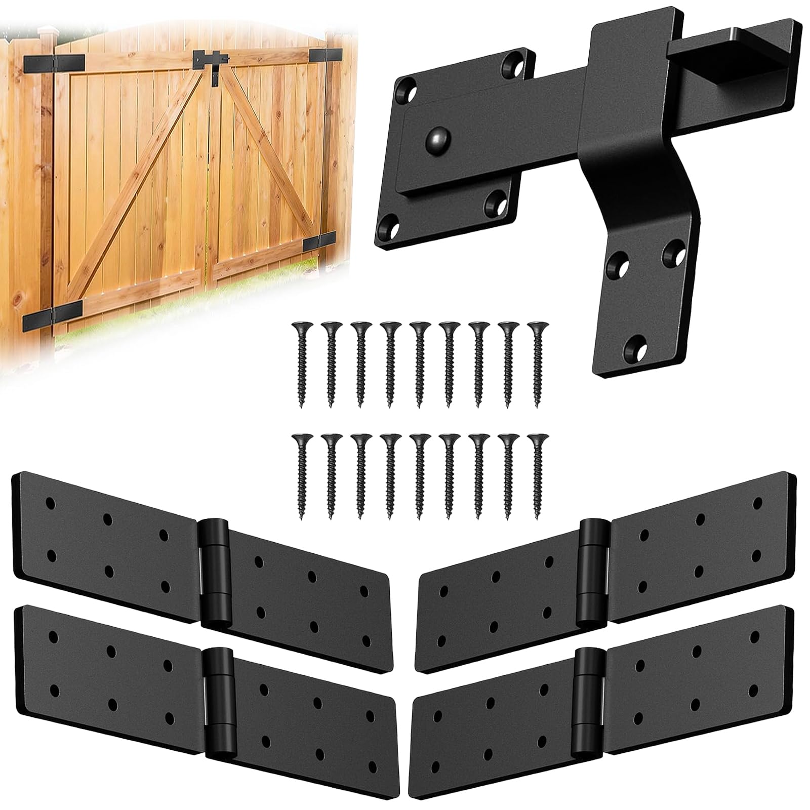 Juego de 4 bisagras y pestillos para puerta de valla, resistentes a la corrosión, bisagras de correa de 270 grados y kit ajustable para exteriores, jardín, patio, granero, cobertizo, puertas