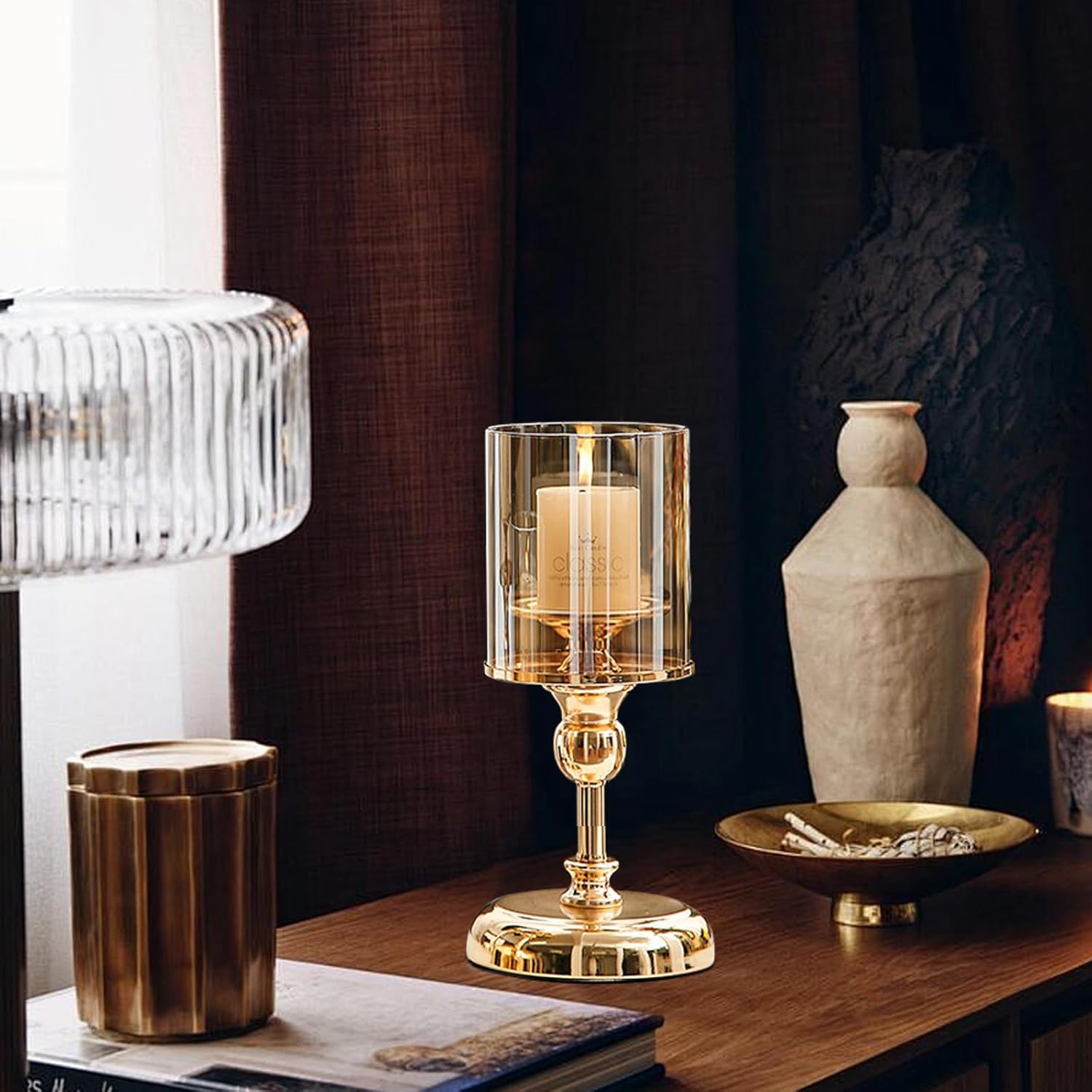 MrMrKura Gold Candle Holder for Table Centerpiece, Set of 2 Decorative Candle Holders for Pillar Candles, Tall Candle Holder with Glass Cover for Indoor Outdoor Home Decor (M+S) - Image 5